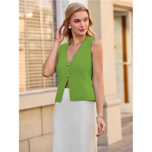 Womens Vest V Neck Button Down Crop Green - Picture 5 of 6
